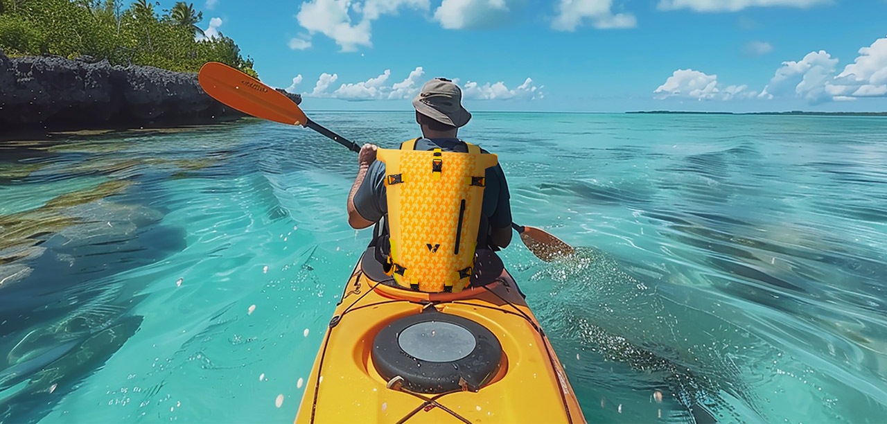 Rowing a boat with a waterproof bag on